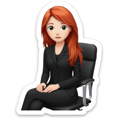 Video call therapy session: red-haired therapist with long hair wearing black minimalist clothing, seated in a professional home office, looking at the webcam; calm, modern teletherapy setting sticker