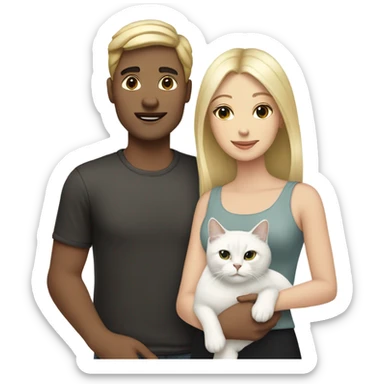 Couple white man with black hair, blonde woman and a white cat  sticker