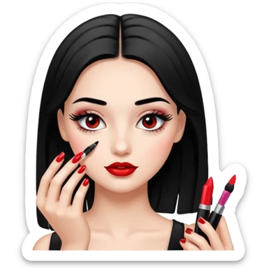 Girl doing make up with glossy nails and eyelashes sticker