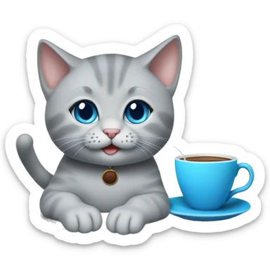 grey kitten blue eyes sitting on the table with coffee woman sticker