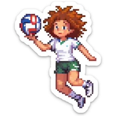 curly haired girl playing volleyball, jumping to spike, pixel art style sticker