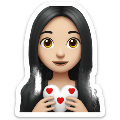 Pale girl with long black hair holding heart in her hands  sticker