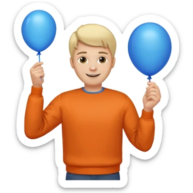 white skin, blonde hair man, orange sweater, hold blue balloon sticker