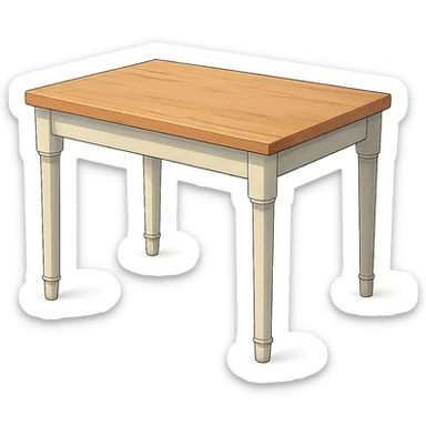 rectangle kitchen table with white legs and light wood top in ghibli style sticker