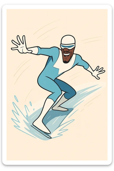 Frozone superhero, sliding on ice, blue and white costume, goggles, energetic, modern comic style sticker