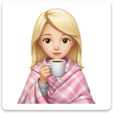 cute blonde girl wrapped in pastel pink plaid blanket drinking coffee sticker