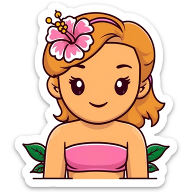 tan girl with dark brown hair and blonde highlights with a hibiscus flower in her hair wearing a pink tube top with tan lines showing sticker