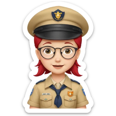 scout girl baby with uniform including the hat,  little with glassess and red hair sticker