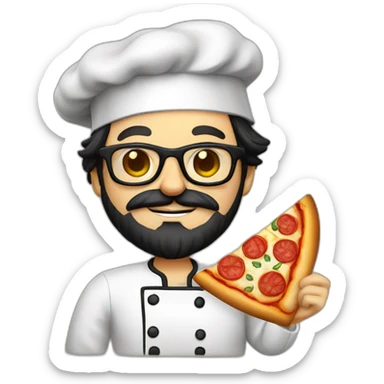 Dark haired chef with beard and big dark glasses holding a slice of pizza sticker