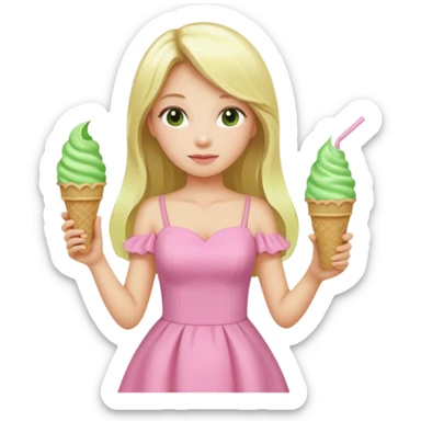 girl blonde long hair in pink dress,  holding matcha ice cream sticker