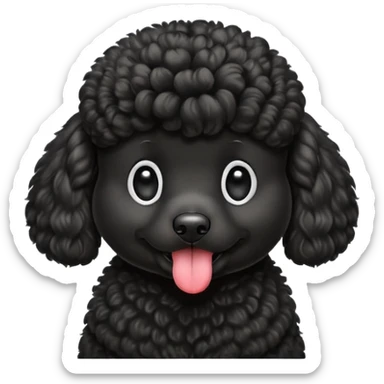 A high-resolution square-format digital illustration of a black poodle in a clean, emoji-inspired semi-realistic style. The poodle is shown from the chest up, facing forward with a slight tilt of the head to the left, tongue out playfully. sticker
