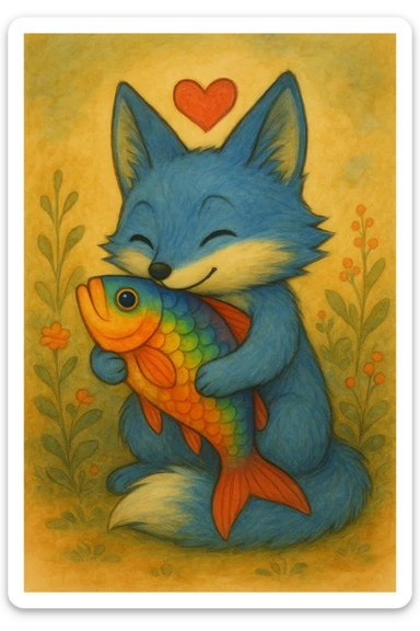 Add a red heart above the blue fox and rainbow fish in ghibli style. sticker