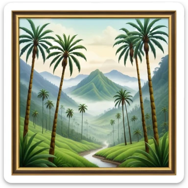 Cinematic Realistic Cocora Valley Landscape Emoji, depicted with towering wax palm trees in a lush, misty valley rendered with rich textures and dynamic, natural lighting. sticker