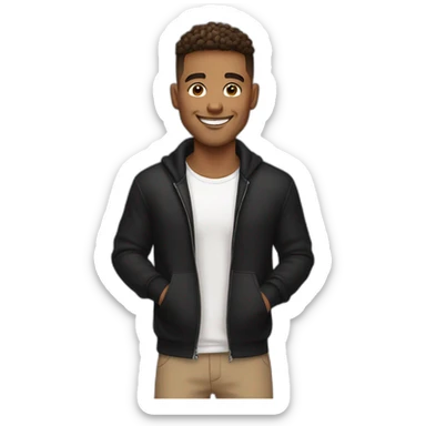 Smiling guy, barber fade haircut, wearing a black quarter zip sweater with white tee shirt under, tan skin tone sticker