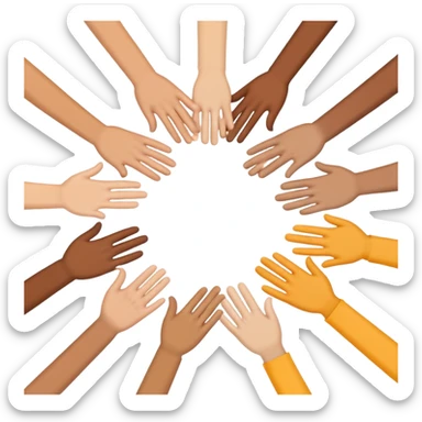 Emoji-style icon showing several diverse hands forming a circle or high-five together, symbolizing unity and team spirit. Flat minimal Apple-style emoji, bright colors, white background, soft shadows. sticker