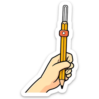 A hand dangling a pencil squishy gripper  sticker