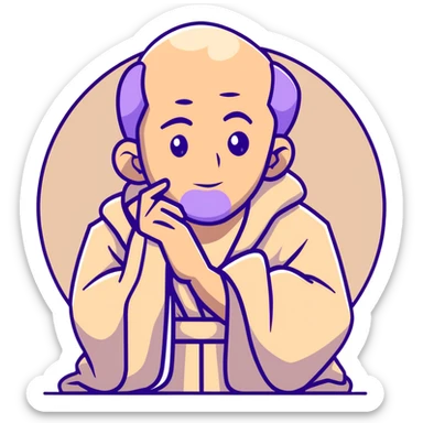 thoughtful philosopher with hand on chin, sitting in contemplative pose, scholarly appearance with robe, beige and brown color palette sticker