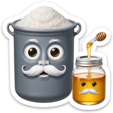 Garama and Madundung are together a gray container of salt and a honey container with a cloth on top. They each have eyes with white in the middle, a mouth, nose, and mustache both customary to their colors. They have hairy legs and emit an aura of salt (Garama), and honey (Madundung). sticker