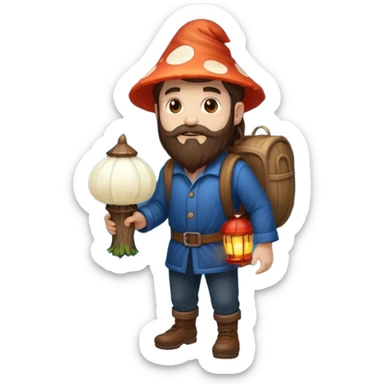 full body man long brown hair brown eyes medium beard white skin carrying glowing mushroom lantern sticker