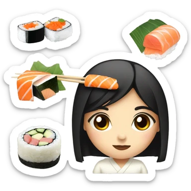 Japanese girl with black hair eating sushi sticker
