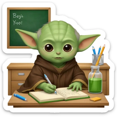 Baby Yoda con su tunica chocolate escribiendo en un cuaderno sobre un escritorio en un aula de clases sticker