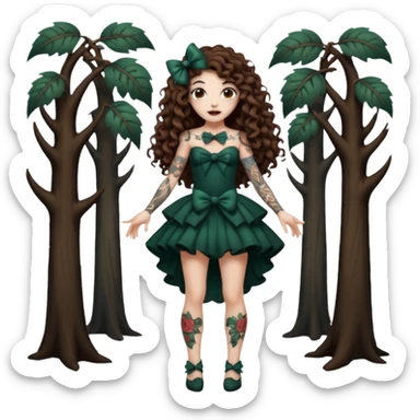 full body view of a woman with long curly brown hair, brown eyes, white skin, tattoos, playful bow like a dark forest performer sticker