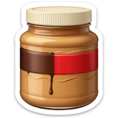A jar of peanut butter with chocolate stripe sticker