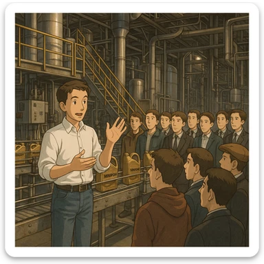 “Create a realistic industrial scene inside a modern motor-oil factory. The image must be in Instagram post size: 1080×1080 pixels, 1:1 ratio.

In the foreground, the factory director is introducing the facility. He is slightly slim, short hair, wearing a clean white men’s shirt and blue jeans, elegant appearance, using hand gestures while explaining.

In front of him, 10–12 male visitors listen attentively; they wear mixed clothing: some streetwear, some casual, some classic suits.

Background shows real production equipment, pipelines, steel structures, and conveyor lines used in motor-oil manufacturing. Use ONLY original Winiron canister design, no other brands. No label changes.

Cinematic lighting, premium look, realistic industrial atmosphere, sharp details, high-quality composition.” sticker