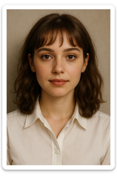 portrait of a 22-year-old young woman with brown eyes, light brown shoulder-length hair that is slightly curly and has bangs, wearing light makeup and a white dress shirt sticker