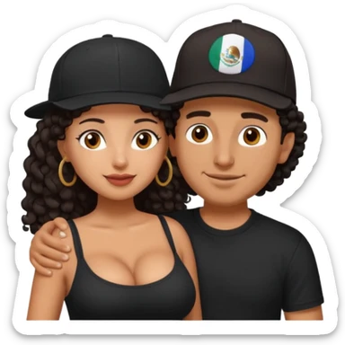 A picture of an embracing tanned couple. the man is a Mexican man with tanned skin, with a bald hair cut wearing a SnapBack hat and a black shirt. the woman is shorter, with long curly dark brown hair and with big boobs   sticker