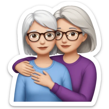 Abrazo de Madre de 60 años con pelo blanco y gafas y hija con pelo morena sin gafas sticker