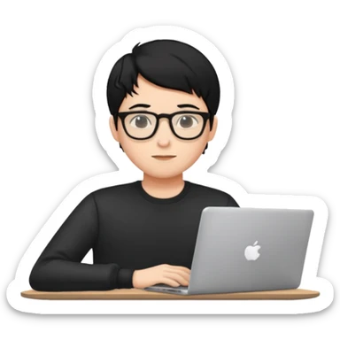 un estudiante con lentes y su laptop CON CAMISA MANGA LARGA Y CABELLO NEGRO sticker