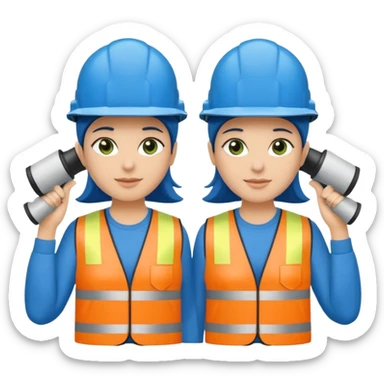 Duas pessoas com capacete de obras azul e um megafone na mão e camisa social cinza com faixas reflexivas verdes nos braços. Deve ser um homem e uma mulher. Os dois capacetes devem será azul escuro. sticker