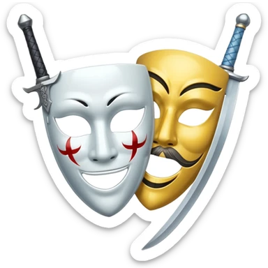 A sword in the middle, on the write sad mask and on the left happy mask sticker
