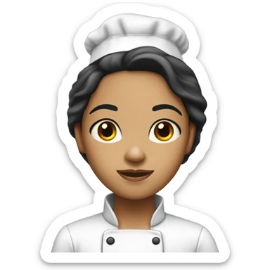 A girl with straight hair black eyes, light skin and a chef sticker