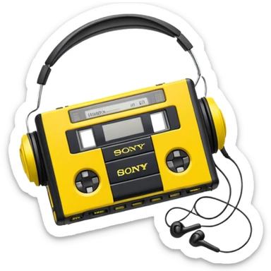 Sony Walkman cassette player from 1990s, yellow and black, with headphones sticker