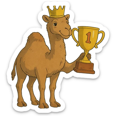 ghibli style dromedary with a crown on its head and a trophy with #1 on it sticker