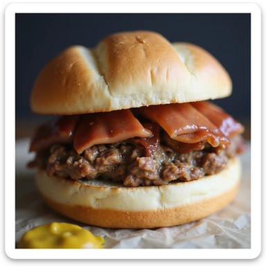 Close-up of a Leberkäse sandwich: thick, golden-brown meatloaf slice in a round, crusty, lightly floured white bun, with a small dollop of sweet Bavarian mustard on the side. Warm, inviting, and traditional. sticker