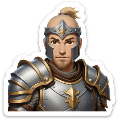 Cinematic Realistic WoW Human Warrior Portrait, head tilted dramatically with an exaggeratedly amused expression, blending rugged heroism with a hint of lighthearted charm. His chiseled face, framed by meticulously rendered steel armor and leather accents in consistent greys and bronzes, is brought to life with dynamic lighting and high shine, dramatic yet whimsical, capturing the essence of a warrior whose epic might is coupled with an approachable, playful demeanor. sticker