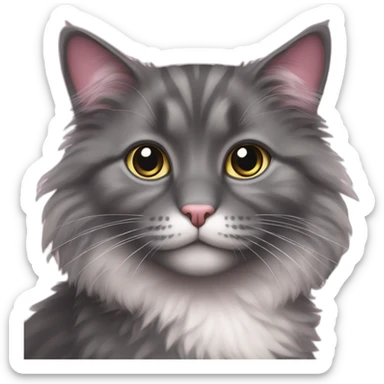 fluffy dark grey cat with white spots near the pink nose sticker