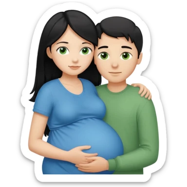 Make a couple hugging the girl is white with long black hair with blue eyes. The girl is hugging a boy with light brown short hair with green eyes. The boz is pregnant  sticker