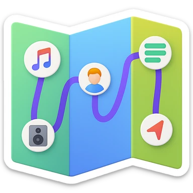 Create a new, unfolded paper map emoji in the style of Apple emojis. The map should be modern, colorful, and fresh, showing the attached digital roadmap drawing inside with a purple path and icons. It should feel like a guide for independent musicians, with no city map elements, no antique look, and no text. Transparent background. sticker