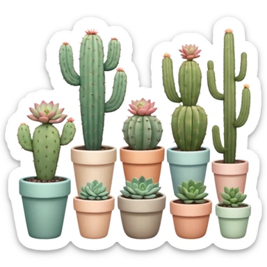Ceramic pots in pastel colors, tall and short, round and square, containing desert cactus plants, hanging cacti, flowering cacti, echeveria succulents, and sedum succulents, placed in a row on the floor, white background sticker