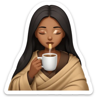 Chocolate brown girl with long straight jet black hair wrapped inside a tan blanket sipping coffee eyes closed sticker