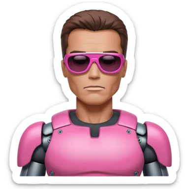Schwarzenegger-like Terminator, upper body only, wearing his iconic clothes in pink (all clothes must be pink), looking more human with minimal robotic details, and wearing dark sunglasses. sticker