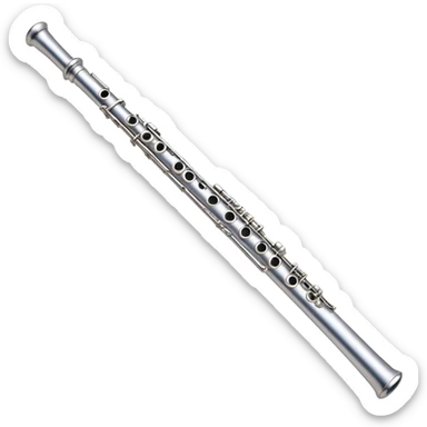 Create an elegant and refined emoji representing a classical silver flute. The design should showcase the sleek, polished silver body of the flute with its keywork and tone holes clearly visible. Highlight the smooth, straight shape of the instrument with subtle light reflections on its metal surface. The keys should be delicately detailed, with their small, round pads visible. Add a slight shine to the flute’s surface to reflect its high-quality craftsmanship. Optionally, include subtle musical notes floating around the flute to evoke its light, melodic sound. The background should be transparent. sticker