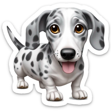 Gray weiner dog with black and white spots that is wrinkly and hopping sticker
