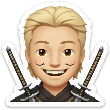 Haz que tenga una sonrisa epica una cicatriz en el ojo serrado y una espada entre los dientes y dos más a cada lado sticker