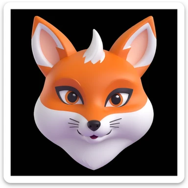 cute orange fox head with big pointed ears, white fur on cheeks and snout, small black nose, playful triangle-shaped eyes, clever and friendly expression, smooth cartoon style, Apple-style glossy finish, soft shadows, white background sticker