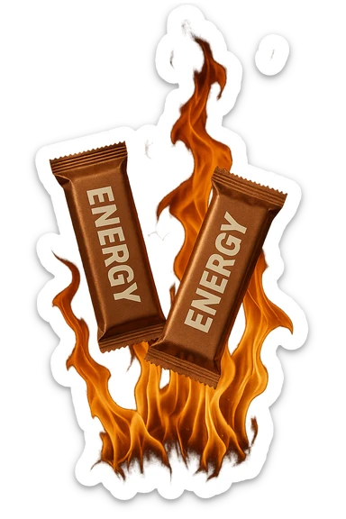 due barrette energetiche confezionate fluttuano in aria insieme ad una fiamma iperrealistici sticker